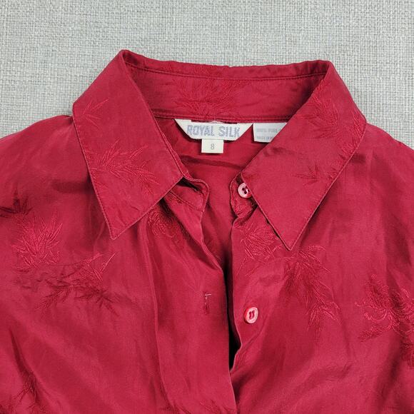Vintage Royal Silk Womens Shirt 8 Red Button Down Embroidered Floral - Picture 5 of 12